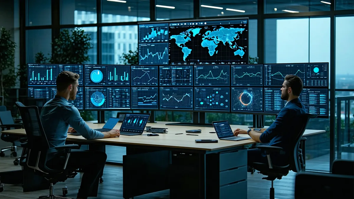 Engineering team reviewing data on large display screens showing grid monitoring dashboards