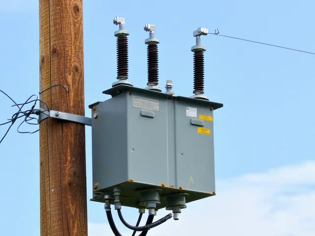 Pole-mounted distribution transformer on a wood utility pole, green field background