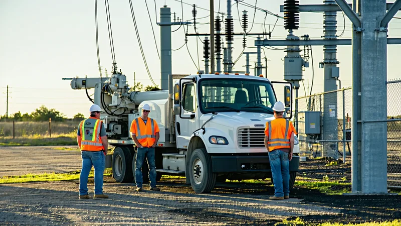 Utility maintenance crew inspecting distribution equipment