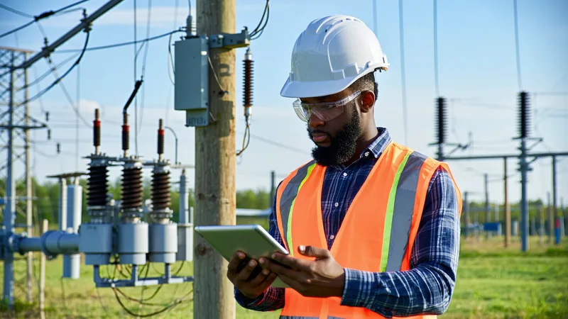 Field engineer inspecting a distribution transformer with tablet showing monitoring data
