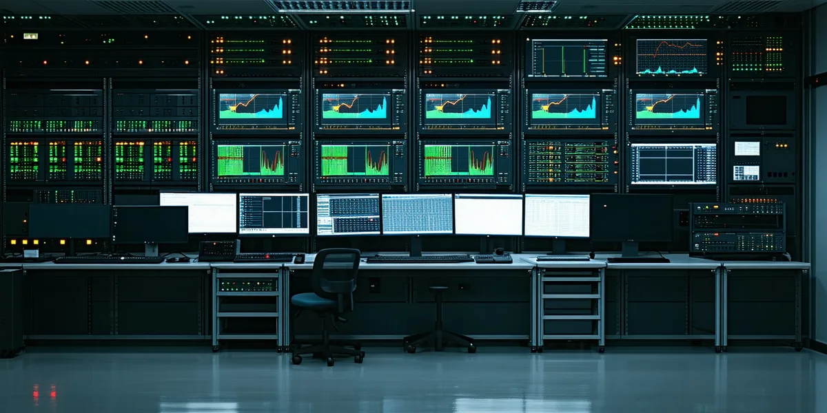 Industrial control room with rack-mounted network hardware and monitoring screens